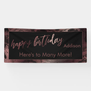 Modern Rose Gold & Black Marbled Happy Birthday Banner