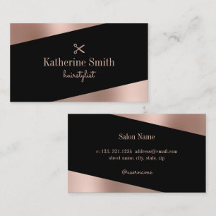 Modern rose gold & black scissors hairstylist business card