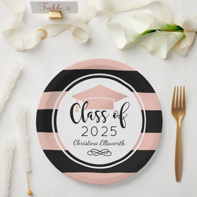 Modern Rose Gold Black Stripes Custom Graduation Paper Plate (Wedding)