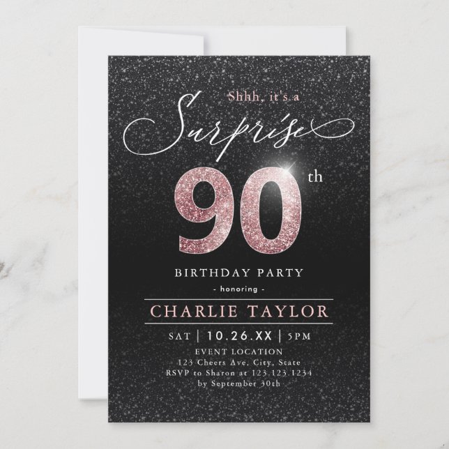 Modern rose gold black surprise 90th birthday invitation (Front)