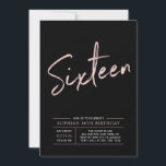 Modern Rose Gold & Black Sweet 16th Birthday Party Invitation<br><div class="desc">Celebrate your special day with this simple stylish 16th birthday party invitation. This design features a chic brush script "Sixteen" with a clean layout in black & rose gold colour combo. More teen birthday invitations and party supplies are available at my shop BaraBomDesign.</div>