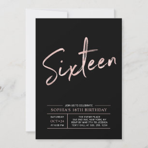 Modern Rose Gold & Black Sweet 16th Birthday Party Invitation