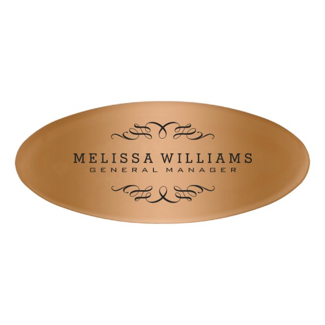Modern Rose-Gold & Black Swirls Frame Name Tag (Front)