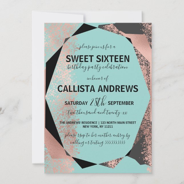 Modern Rose Gold Black Teal Geometric Sweet 16 Invitation (Front)