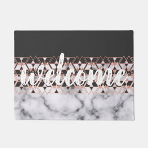 Modern Rose Gold Black White Marble Geometric Doormat