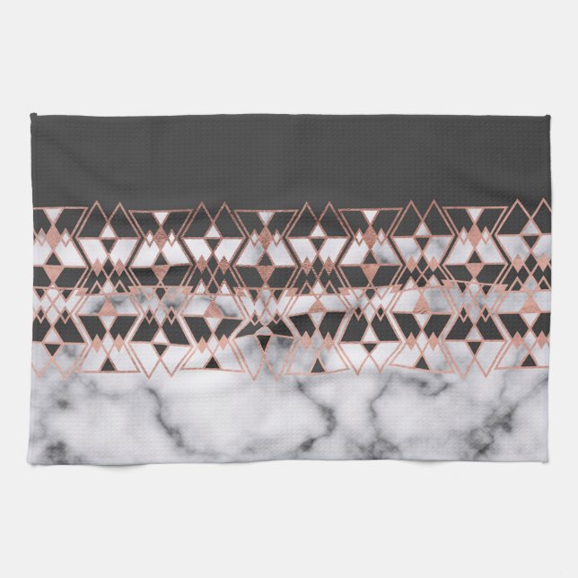 Modern Rose Gold Black White Marble Geometric Tea Towel (Horizontal)
