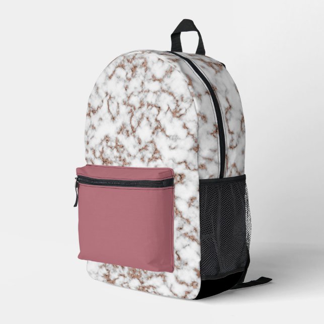 Modern Rose Gold Black White Marble Printed Backpack (Back Corner Right)