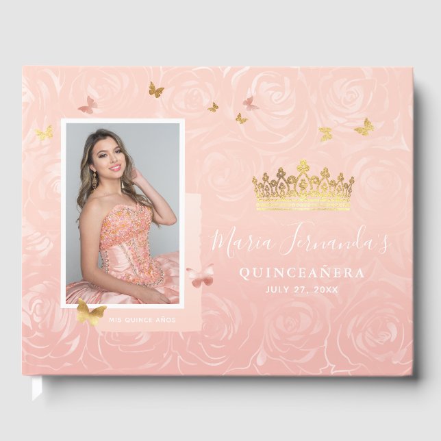 Modern Rose Gold Blush Elegant Photo Quinceanera Guest Book (Front)