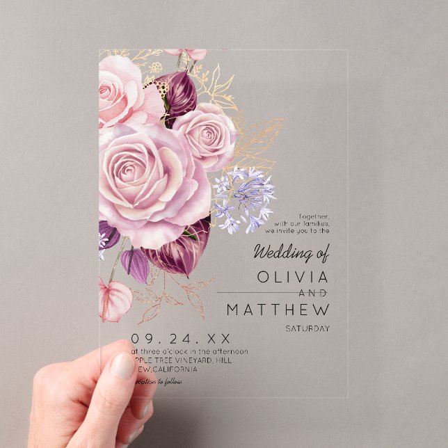 Modern Rose Gold Blush Floral Wedding  Acrylic Invitations (Insitu (Handheld))