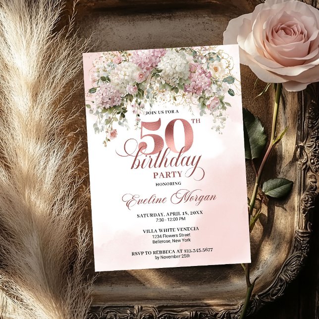 Modern Rose Gold Blush Flowers 50th Birthday   Invitation (Modern Rose Gold Blush Flowers 50th Birthday Invite)