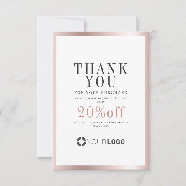 Modern rose gold border logo small business thank you card (Front)