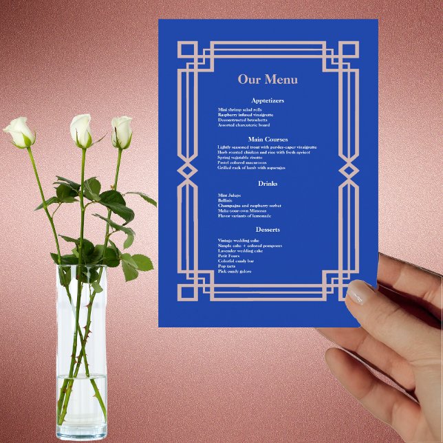 Modern Rose Gold Border Navy Blue Wedding Dinner Menu (Creator Uploaded)