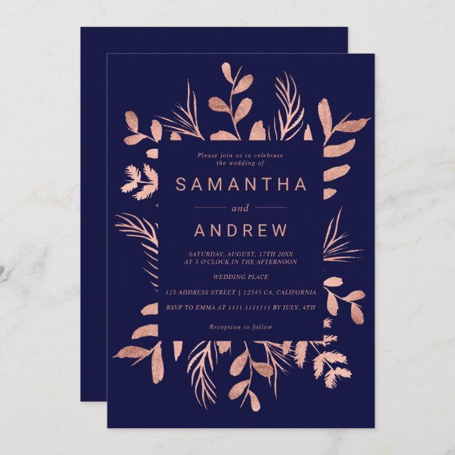 Modern rose gold botanical leaf navy blue wedding invitation (Front/Back)