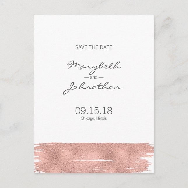 Modern Rose Gold Brush Save The Date Postcard (Front)