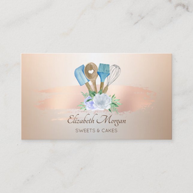 Modern Rose Gold Brush Stroke Bakery Hand Tools Business Card (Front)