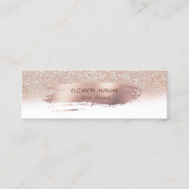 Modern Rose Gold Brush Stroke, Glitter Bokeh Mini Business Card (Front)