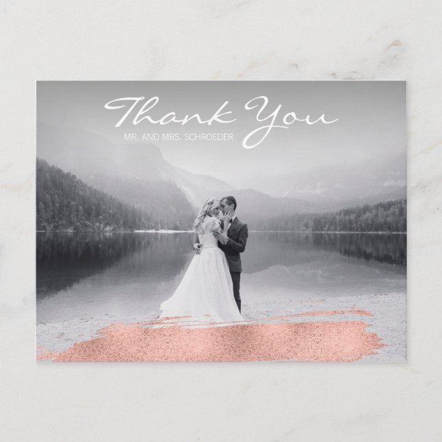 Modern Rose Gold Brush Wedding Thank You Postcard (Front)