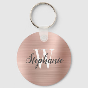 Modern Rose Gold Brushed Metal Monogram Key Ring