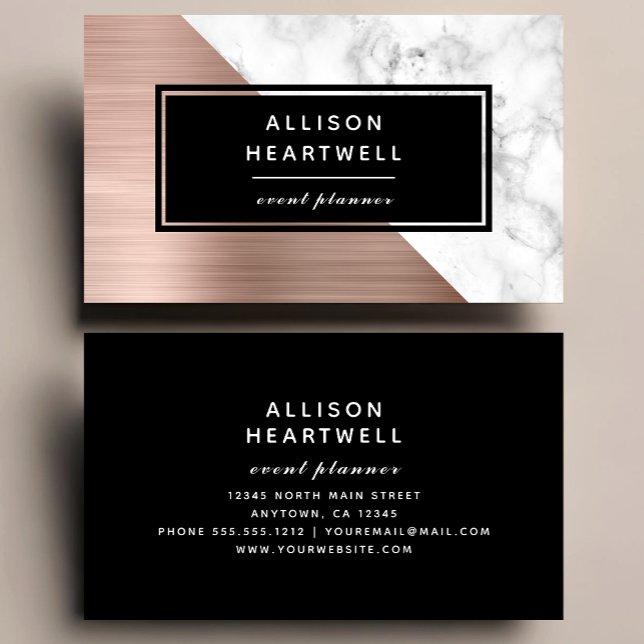 Modern Rose Gold Brushed Metal White Marble Black Business Card (Creator Uploaded)