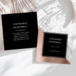 Modern Rose Gold Brushed Metal White Marble Black Square Business Card