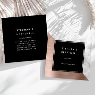 Modern Rose Gold Brushed Metal White Marble Black Square Business Card