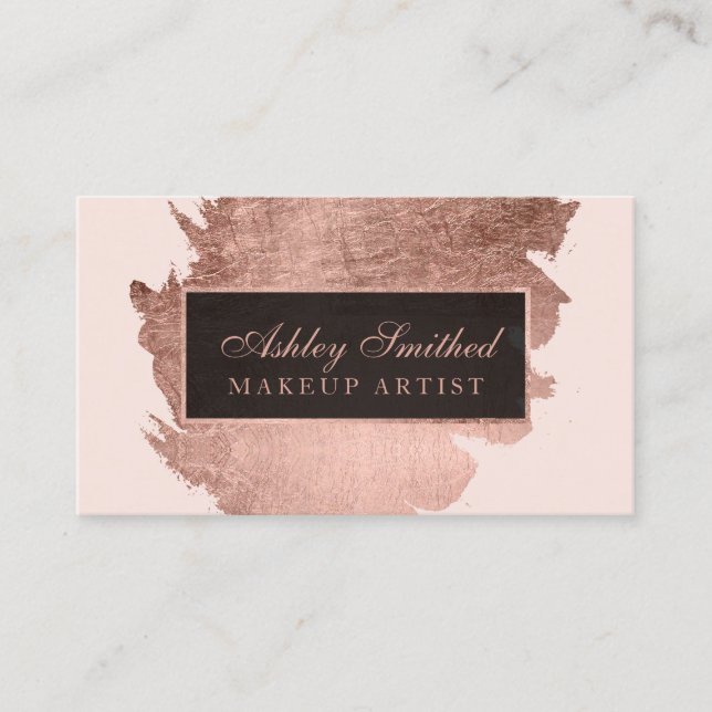 Modern rose gold brushstroke blush pink makeup business card (Front)