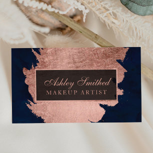 Modern rose gold brushstroke navy blue makeup business card