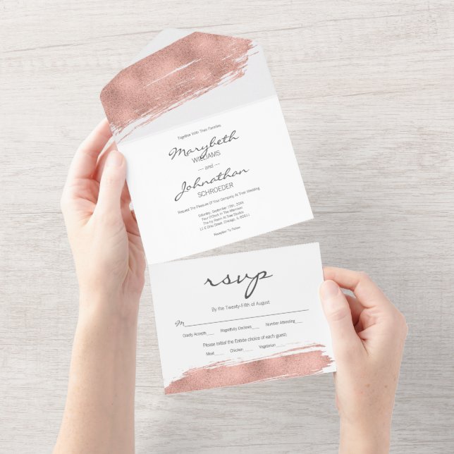 Modern Rose Gold Brushstroke RSVP Wedding All In One Invitation (Tearaway)