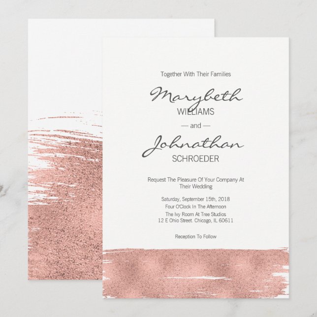 Modern Rose Gold Brushstroke Wedding Card (Front/Back)