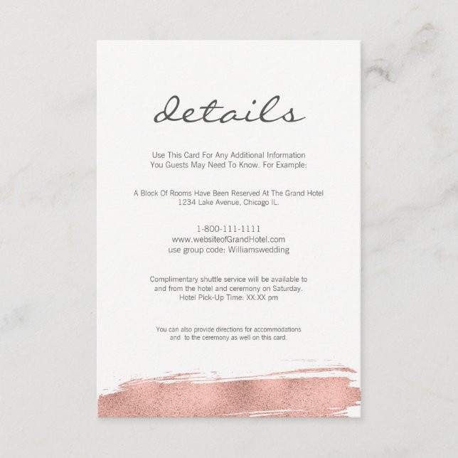 Modern Rose Gold Brushstroke Wedding Details Card (Front)