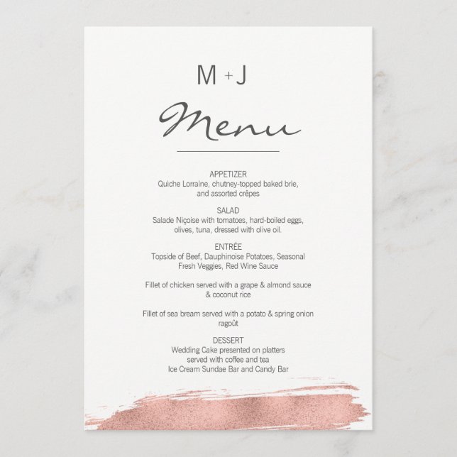 Modern Rose Gold Brushstroke Wedding Menu Card (Front)