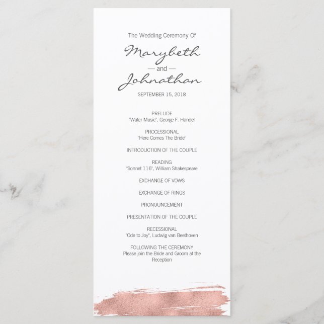 Modern Rose Gold Brushstroke Wedding Program Programme (Front)