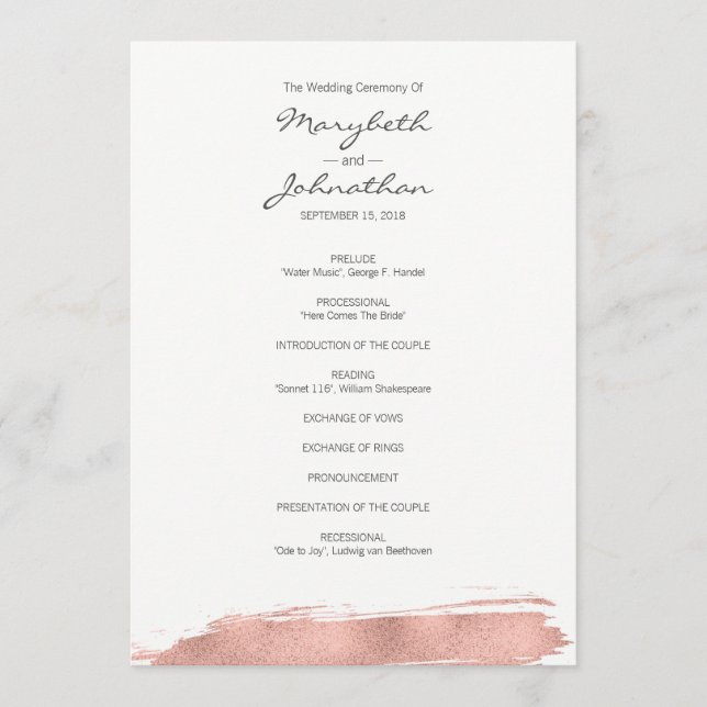 Modern Rose Gold Brushstroke Wedding Program Programme (Front)