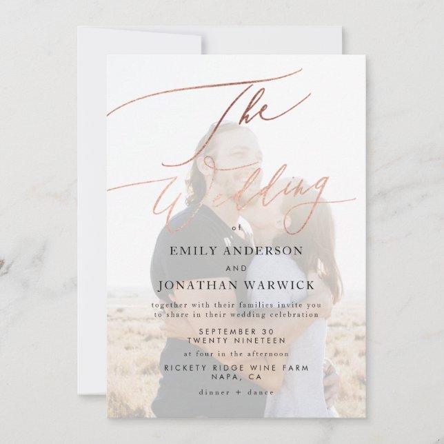Modern Rose Gold Calligraphy Photo Wedding Invitation (Front)