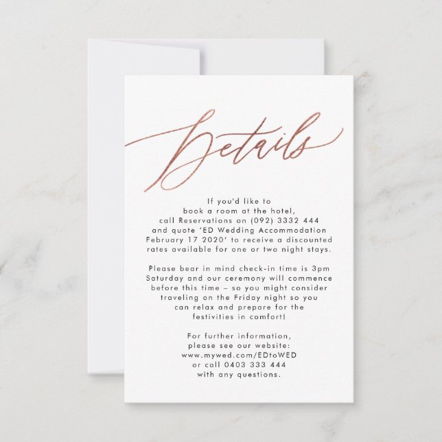 Modern Rose Gold Calligraphy Wedding Details Card (Front)