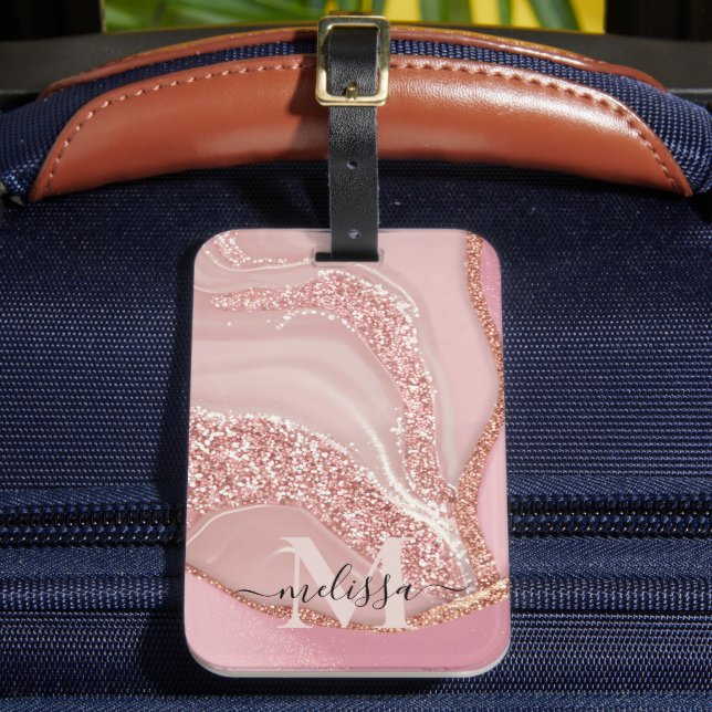 Modern Rose Gold Chic Glitter Monogram Luggage Tag (Front Insitu 2)