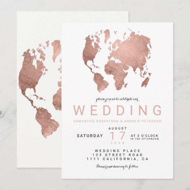 Modern rose gold chic world map wedding invitation (Front/Back)