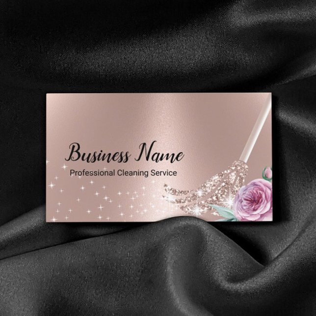 Modern Rose Gold Cleaning Service Floral Mop Business Card (Creator Uploaded)