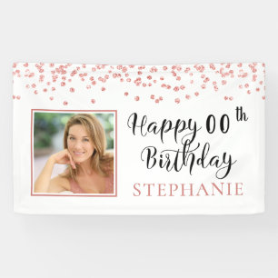 Modern Rose Gold Confetti ANY AGE Birthday Photo Banner