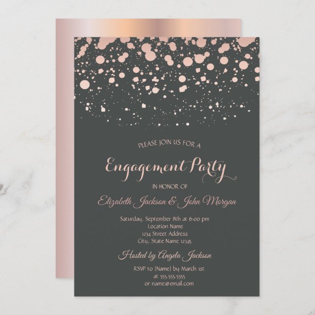 Modern Rose Gold Dots Engagement Invitation (Front/Back)