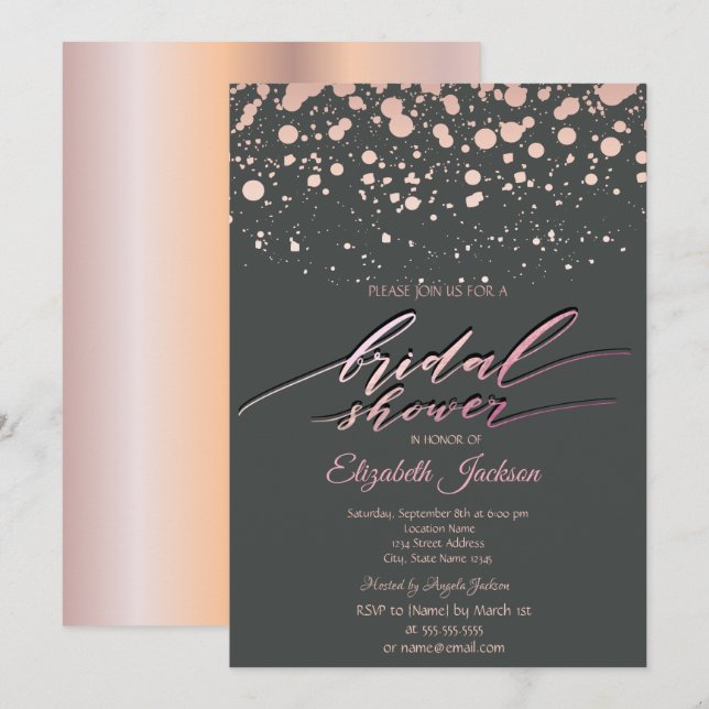 Modern Rose Gold Dots Grey Bridal Shower Invitation (Front/Back)