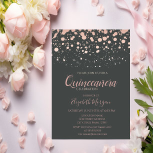 Modern Rose Gold Dots, Grey  Quinceanera Invitation
