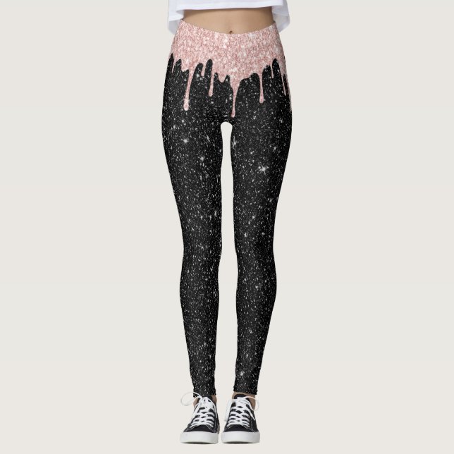 Modern Rose Gold Drips Black Glitter Sparkles Leggings (Front)