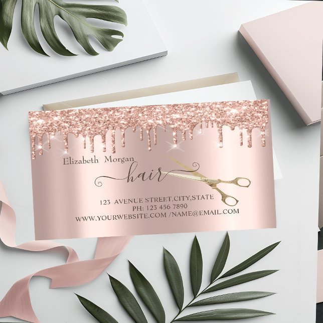 Modern Rose Gold Drips Gold Scissors Hair Magnetic Business Card (Creator Uploaded)