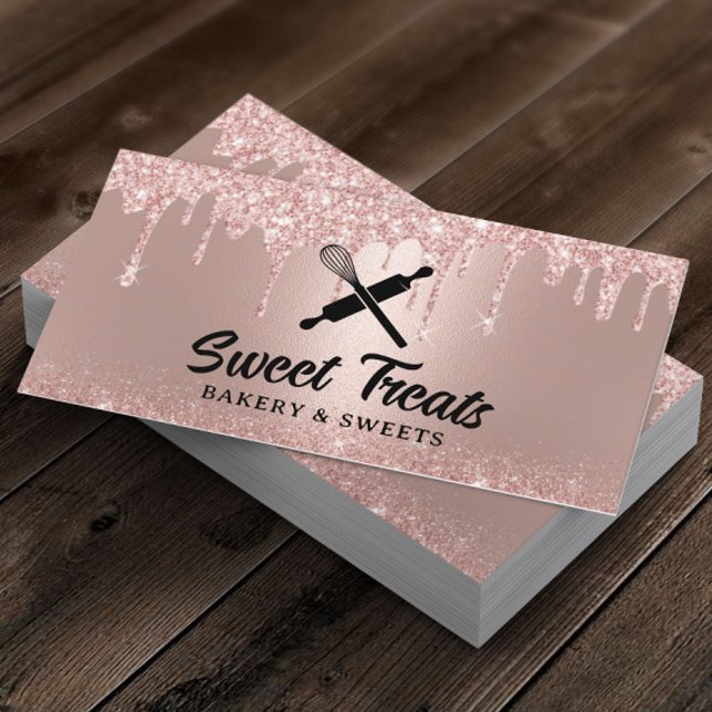 Modern Rose Gold Drips Pastry Chef Cupcake Bakery Business Card (Creator Uploaded)