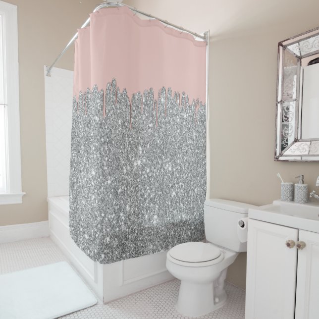 Modern Rose Gold Drips Silver Glitter Background Shower Curtain (In Situ)