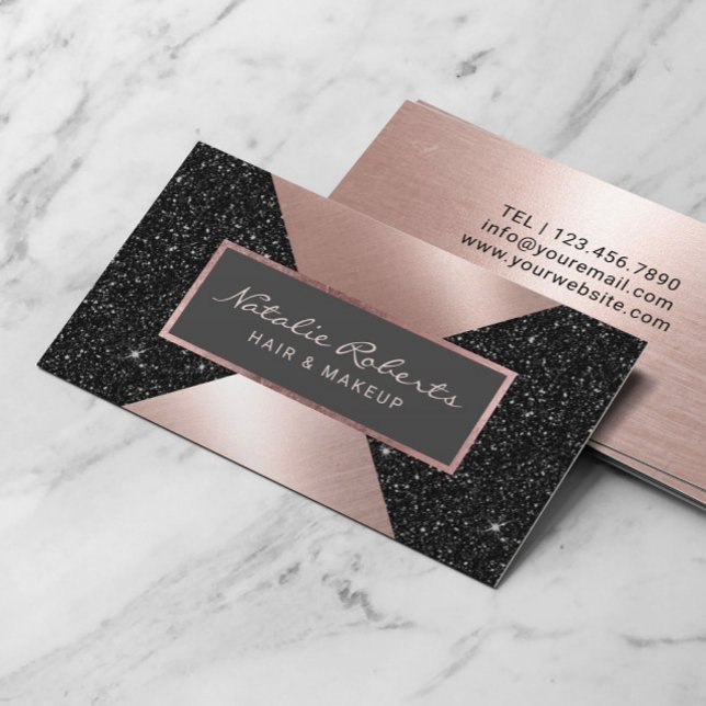 Modern Rose Gold Faux Black Glitter Beauty Salon Business Card (Creator Uploaded)