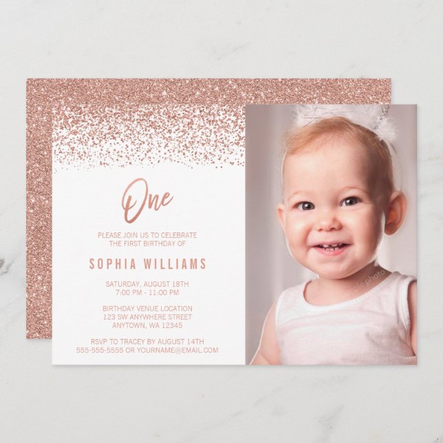 Modern Rose Gold Faux Glitter 1st Birthday Photo Invitation (Front/Back)