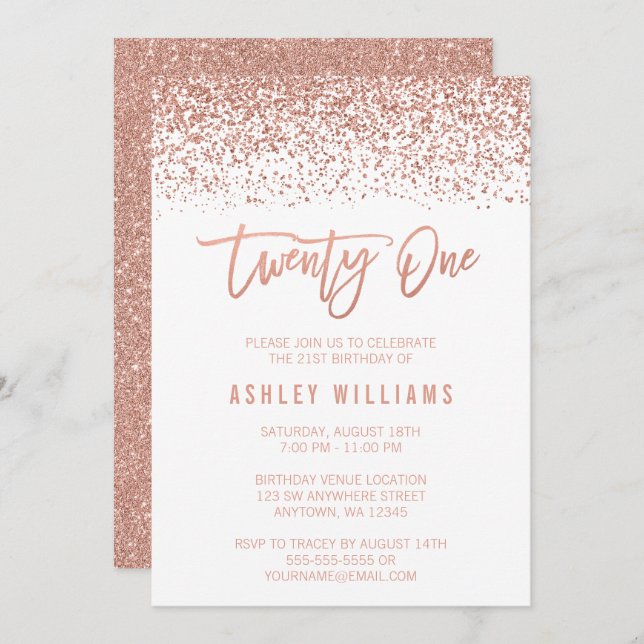 Modern Rose Gold Faux Glitter 21st Birthday Invitation (Front/Back)