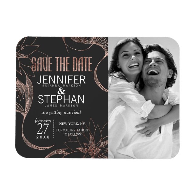 Modern Rose Gold Floral Drawings Save the Dates Magnet (Horizontal)